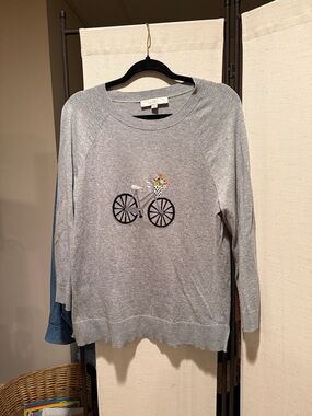 LOFT Light Gray Crewneck Sweater with Bicycle Embroidery